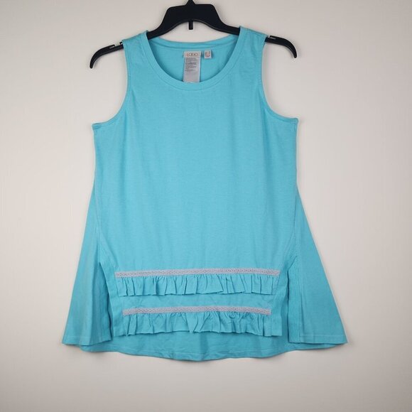 LOGO by Lori Goldstein Size M Blue Sleeveless Ruffle Lace Accent Tunic Top - Picture 1 of 5